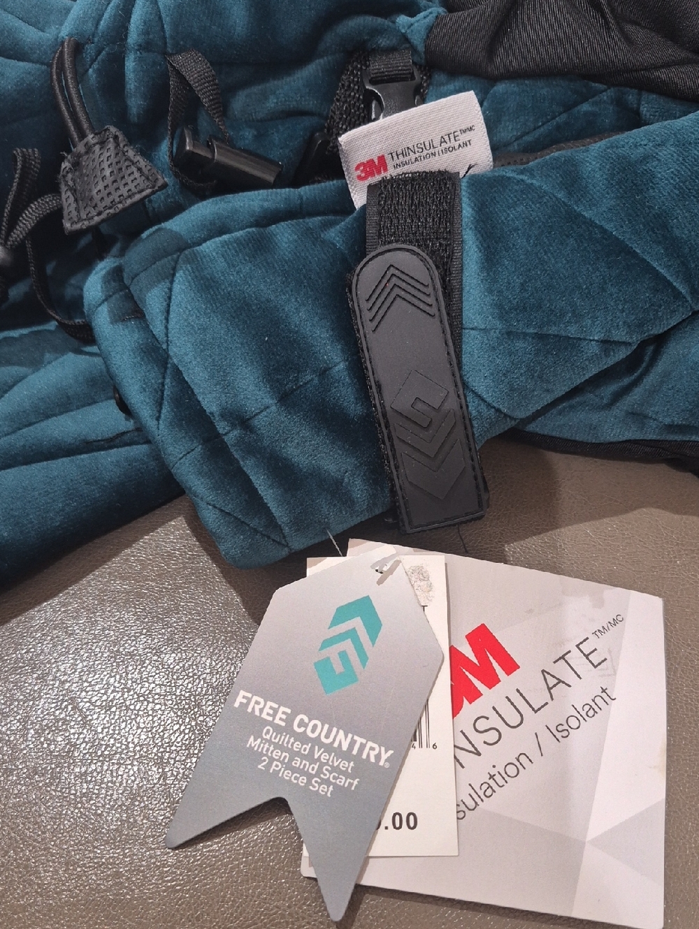 Free Country Quilted Velvet Mitten & Scarf Set in Teal Blue